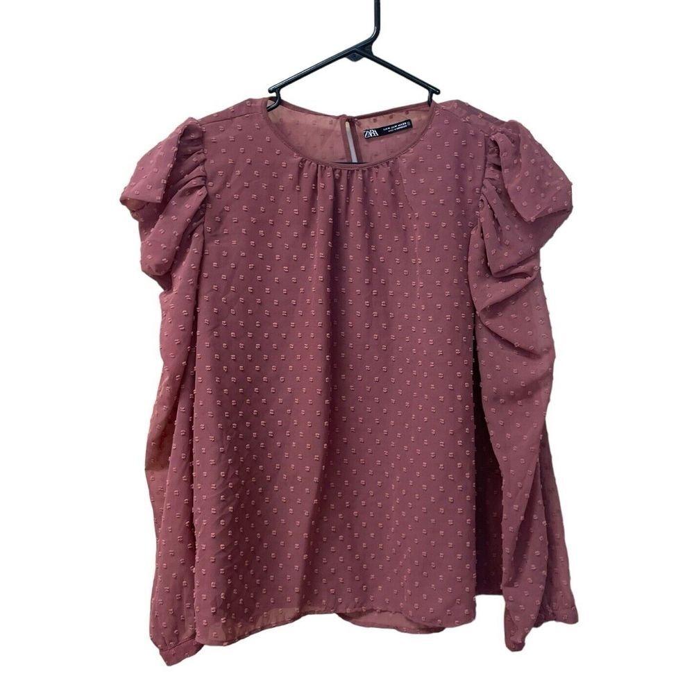 Zara Women's Dotted Puff Long Sleeve‎ Top Sheer Size Medium Mauve - Picture 2 of 6
